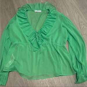 Mango Bright Green Ruffle V-Neck Blouse